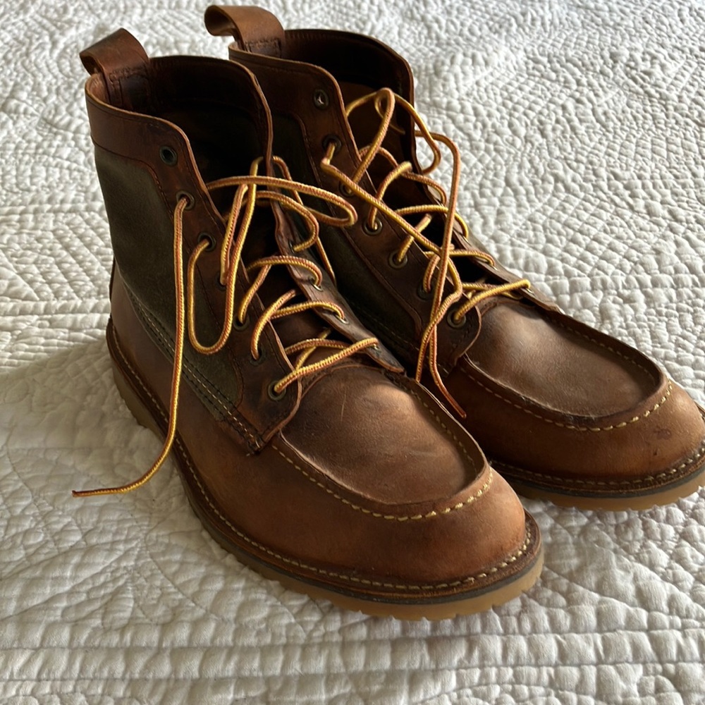Redwing boots w/ green canvas sides, size 11.5. Worn twice. Ordered via J. Crew.